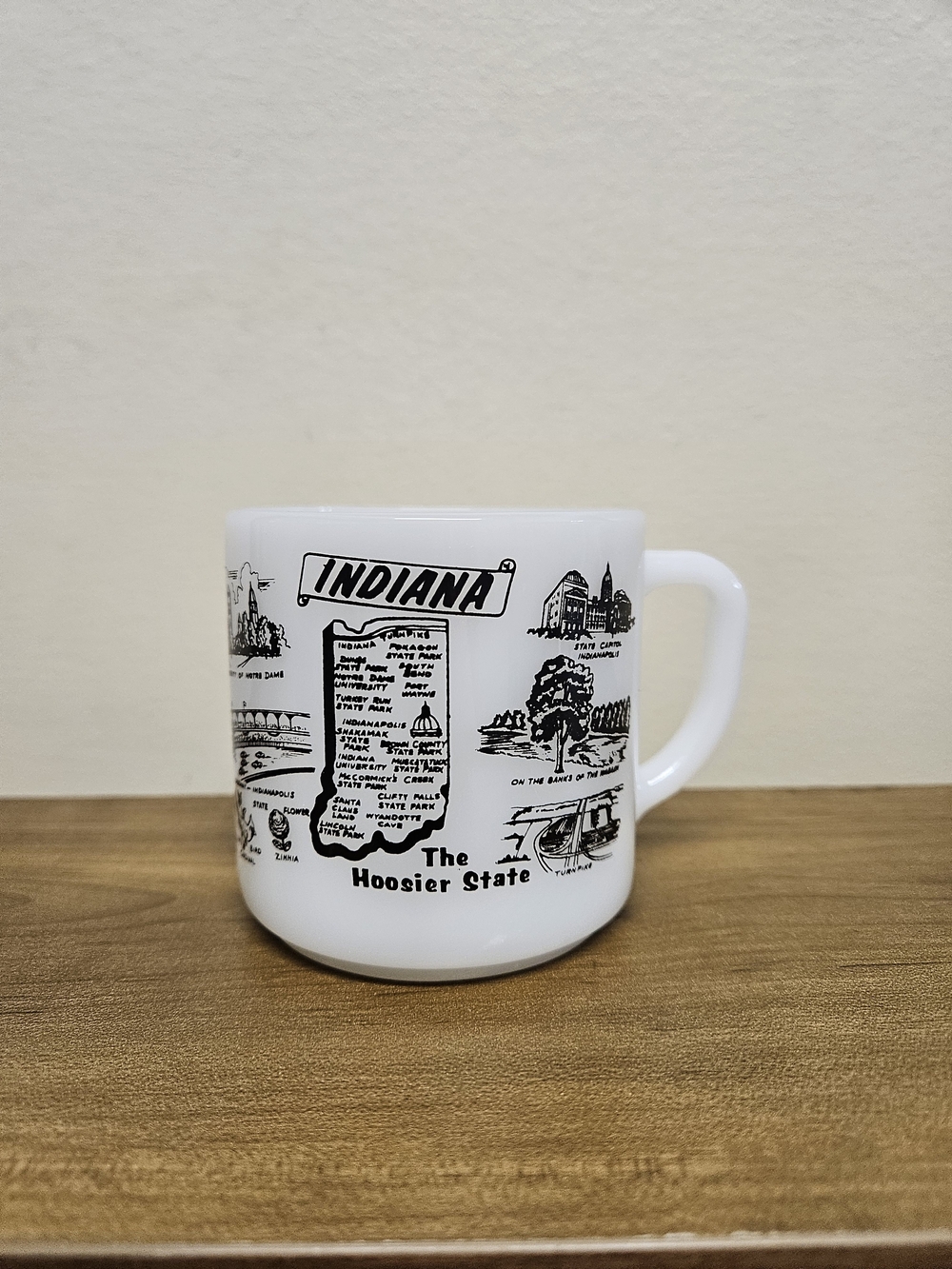 Federal Glass Indiana The Hoosier State White Milk Glass Mug